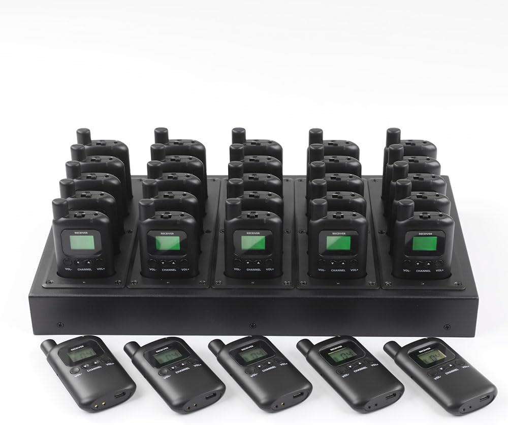 AGJ Wireless Tour Guide System, Tour Guide Headsets, Tour Guide Microphone 2 Transmitters 30 Receivers 1 Charger 1 Carry Case Simultaneous Court Church Interpretation Translation System for Factory