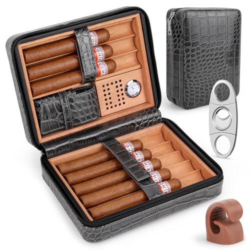 Travel Cigar Humidor Case – 8 Cigar Portable Cigar Travel Case with Cedar Wood Lining, Built-in Hygrometer & Humidifier, Leather-Style Cigar Humidor Case for Men (Dark Gray)