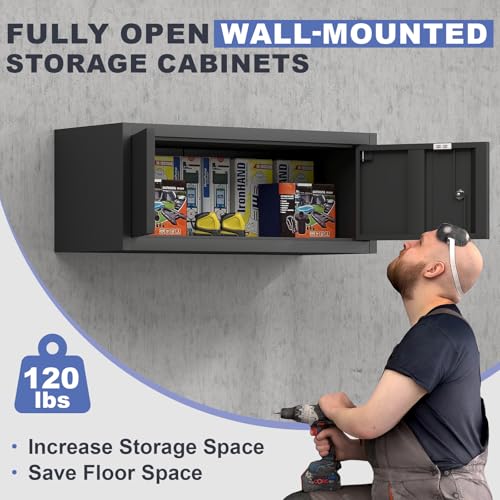 Image of Garage Locking Cabinet, 13 inch H Garage Storage Cabinet Wall Mounted, Floating Storage Organization for RV, Hanging Tool Storage Cabinets for School, Office, Warehouse, Black