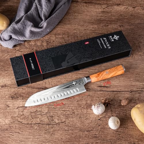 Foto von FUJUNI Damast Küchenmesser, Damastmesser Santoku Messer Mit Extrem Scharf 18 cm Klinge Aus 67 Lagen VG-10 Damaststahl Kochmesser, Olivenholzgriff, Geschenkbox
