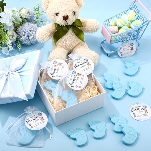Image of 25 Sets Baby Shower Soap Favors for Guests Girl Boy Mini Footprint Handmade Scented Soaps with Thank You Tags and Organza Bags for Shower Gender Reveal Party Favors(Blue)
