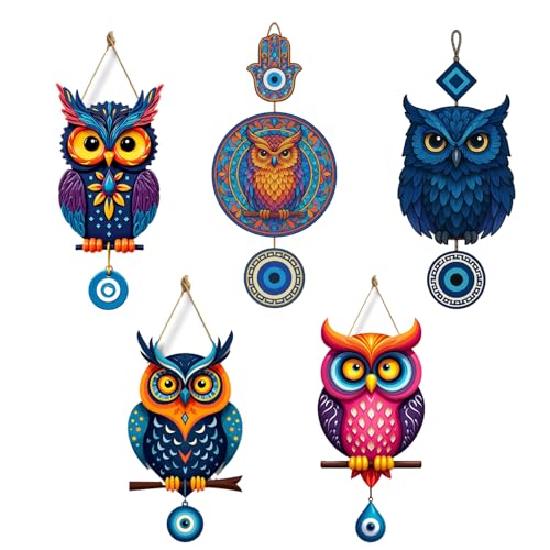 Image of GiftOday Wooden 3D 5 Pieces Owls for Wall Art Panel | Wood Bird Folk Art Wall Hanging Art Decoration Item for Living Room, Bedroom, Drawing Room, Dining Room & Office (Set of 5)