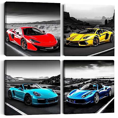 Tbt TBT316 Wall Decor For Bedroom Car Wall Art 4Pc Sports Car Canvas Wall Art Framed Colorful Supercar Painting Picture Racing Car Garage Wall Decor Modern Canvas Prints cover