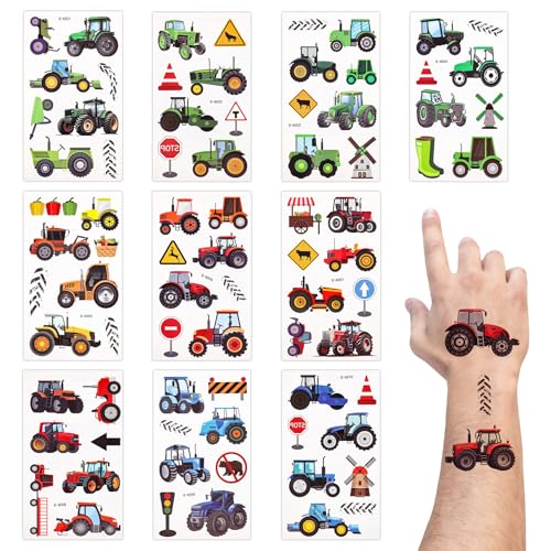 79uds Tatuajes Temporales Camión de Granja, Pegatinas de Tatuajes Falsos Verdes y Rojas Decoración Cumpleaños Tractor para Niños Suministros para Fiestas Granja