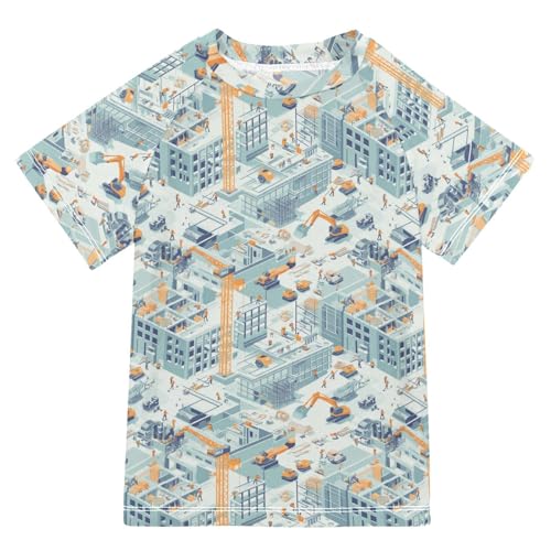 Bathing Suit Kids Short Sleeve Rashguard Swimsuit for Girls 5T Construction Scene Build Tall Buildings Excavator Grader