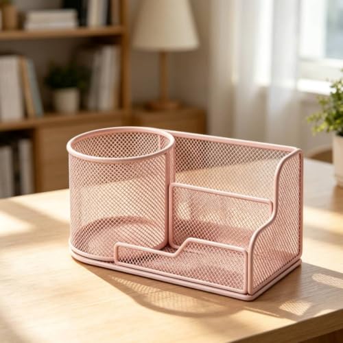 Image of Multipurpose Iron Mesh Desktop Organizer Stable Base Desktop Organizer with Cylindrical Holder Open-Access Multi-Compartment Mesh Pen Holder Space-Saving for Home Office, Vanity, Craft Area, Pink