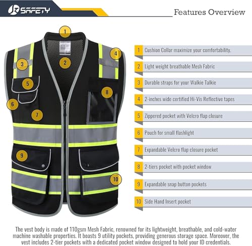 Image of JKSafety 9 Pockets Hi-Vis Black Safety Vest for Men Women High Visibility Reflective Construction Mesh Fabric Cushioned Collar Work Utility PPE Work Gear ANSI /ISEA compliant (101-Black S)