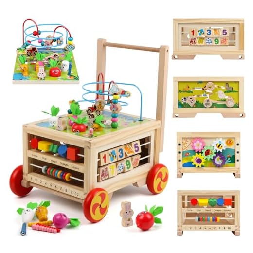 Wooden Activity Cube 7-in-1 Montessori Toy Multipurpose Educational Learning Toy for 1+ Year Old Baby Toddler Kid Boy First Birthday Gift Bead Maze Gear Number Animal Board Carrots Harvest Game