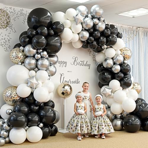 Image of 412Pcs Black and Silver White Balloon Arch Kit, 18 12 10 5 Inch Different Size Black and Silver White Balloons for Graduation Birthday Wedding Party Decorations