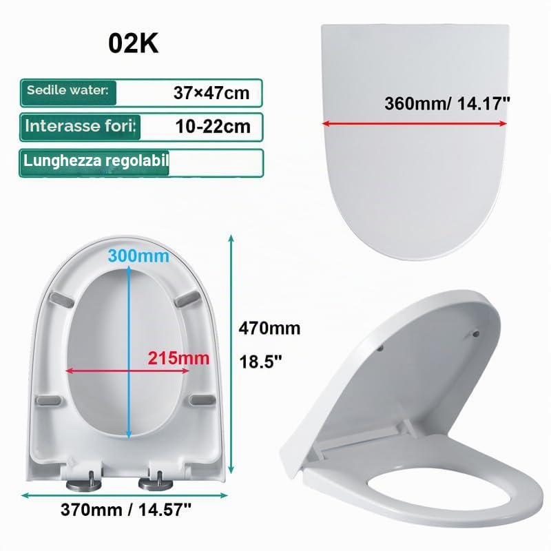 Tavoletta WC Universali Copriwater forma D, 37 * 47cm Sedile WC con Chiusura Ammortizzata Asse WC con Sgancio Rapido a un Pulsante, Bianco