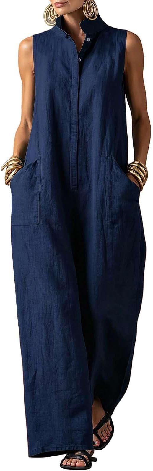 Générique Combinaison Pantalon Femme - Chic Sans Manches Col Montant, Coupe Large Taille Haute Aspect Lin, Jumpsuit Été Élégant et Fluide pour Soirée ou Mariage