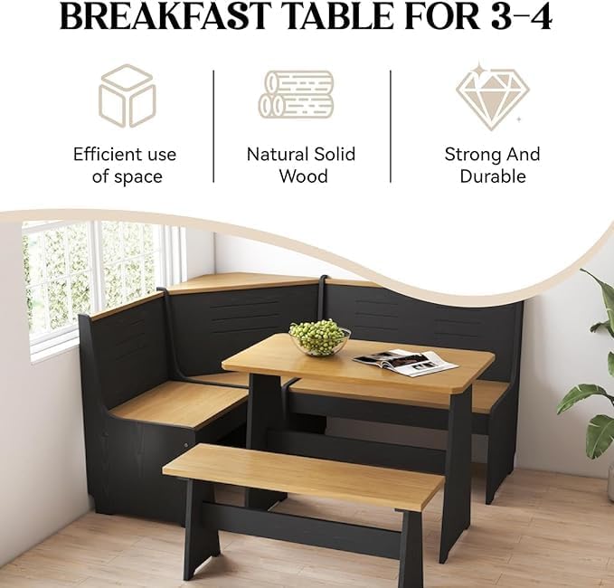 Breakfast Nook Corner Dining Table Kitchen Bench Chair Set, Space-Saving 3-5 People Seat Reversible L-Shape for Family Home Black Wood
