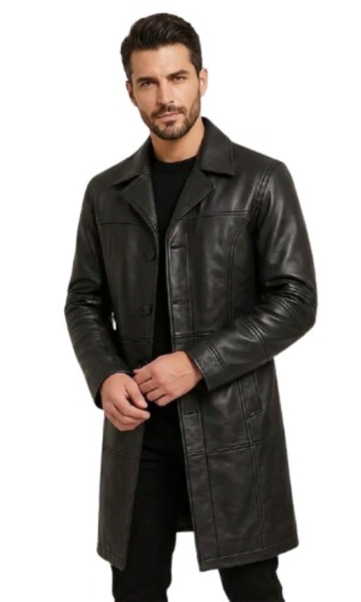 Gabardina de piel auténtica para hombre, abrigo largo de invierno negro y gabardina