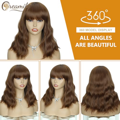 Image of Creamily Short Bob Wavy Hair Wig for Woman Full Head Natural 14 Inches Loose Curly Chestnut Brown Shoulder Length Synthetic Wigs with Bangs
