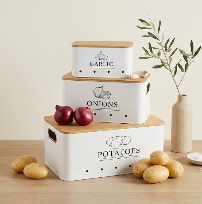 Vegetable Storage Boxes, Set of 3, White Metal with Bamboo Lids, Potatoes, Onions, Garlic-image-25
