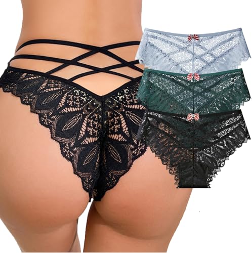 Image of Womens Sexy Thongs Lace Panties Underwear Low Rise Plus Size Underpants Pack of 1-3