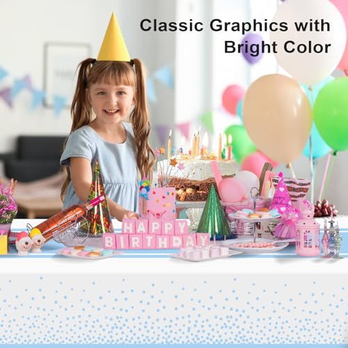 Image of 6 Pack White and Light Blue Tablecloth Party Decorations Plastic White Tablecloth Printed Light Blue Table Runner 54 x108 Inch Disposable Rectangle Table Cover for Birthday Wedding Graduation