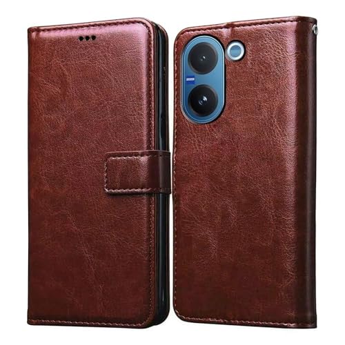 Image of Bintage Vintage Magnatic Closer Vegan Leather Flip Cover Compatible for Vivo V2513 / Vivo V60e - Tan Brown