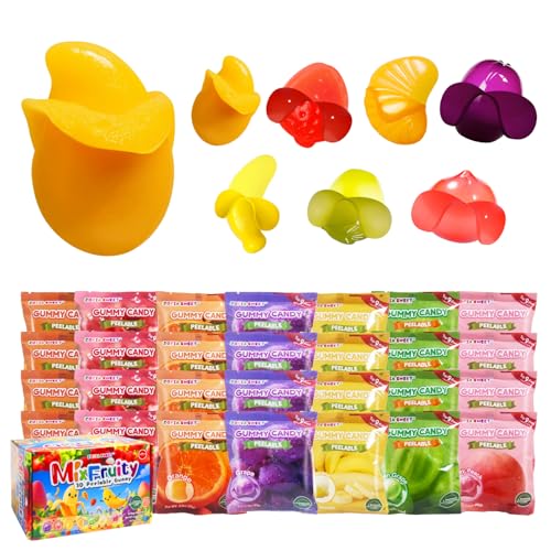 7 Friuts in 28 Packs Assorted Gummy Candy Individually Wrapped, Peelable Fruit-Shaped Gummies Candy made with Real Fruit Juice (≥30%), Chewy Peeling Candy Gummy Snacks Net 700g/24.7oz