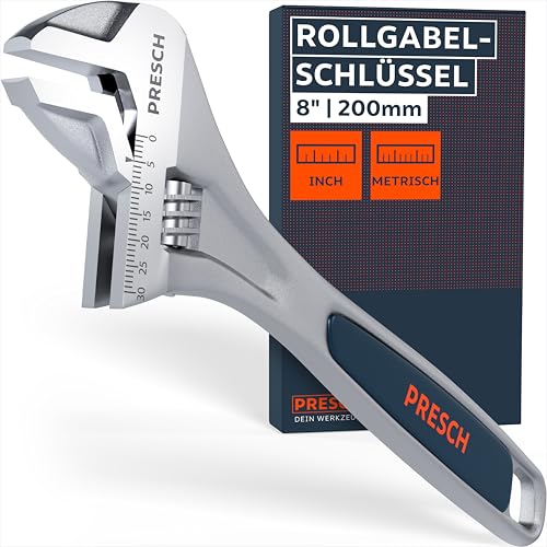 PRESCH Rollgabelschlüssel 200mm - Lasergravierte Skala 30mm (metrisch & inch) - Hochpräzise gefräst für besten Halt - Robuster verstellbarer Schraubenschlüssel - Hochwertiges Engländer Werkzeug