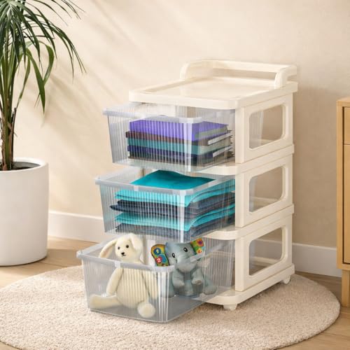 Image of KITCHIVO Heavy Duty Plastic Storage Drawer with Wheels | Modular Cabinet for Bedroom, Office, Home or Classroom| Chest of Drawers Organiser for Cosmetics, Kitchen items, Toys (White, 3)