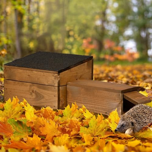 dobar® Igelhaus Bausatz - Igelhütte mit langem Eingang katzensicher - Igelhöhle Rattenklappe - Igelschlafhaus mit Bitumendach - Abnehmbares Dach - 74,5 x 29 x 24 cm - Braun