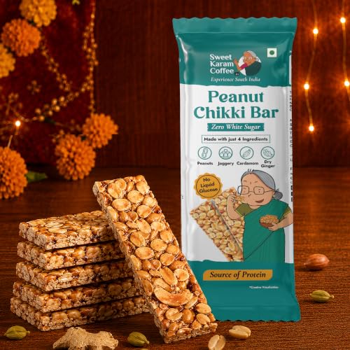 Image of Sweet Karam Coffee Peanut Chikki Bar - 20 g | No White Sugar or Preservatives | Jaggery Sweetened | Protein & Fiber Rich Gajak | Healthy Indian mithai Snack