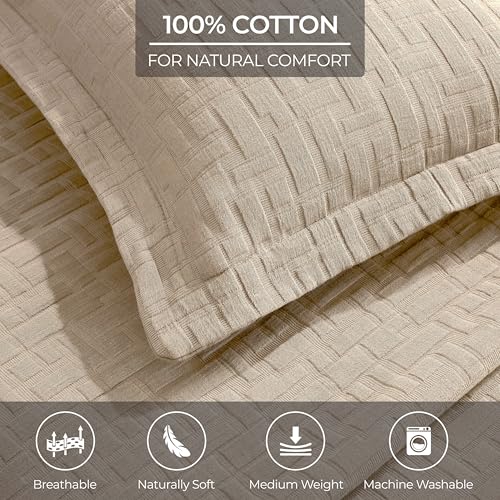 Superior 3 Piece Cotton Bedspread and Sham Set, Home Bed Decor, Decorative Bed Spread, 2 Pillow Shams, Medium Weight, Geometric Matelasse Coverlet, Bedding Essentials, Madrid Collection, Full, Beige