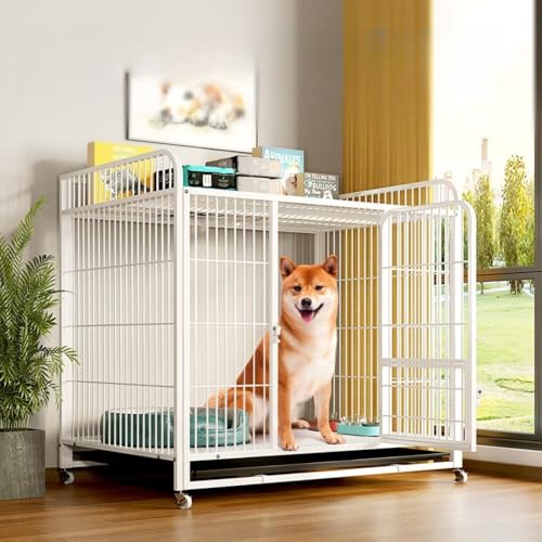 Emidor 屋根付きの犬用クレート、中型犬と大型犬に適しており、キャスターと引き出しトレイを備え、補強され耐久性があり、組み立てが簡単で、頑丈で耐久性があり、屋内と屋外での使用に適しています。 (A,95×65×90CM)