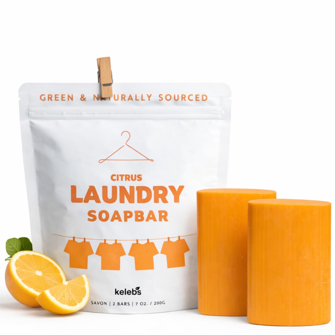 KELEBS Hypoallergenic Citrus Organic laundry soap bar for sensitive skin - delicate stain remover clothes, underwear, collar - 3 PCS