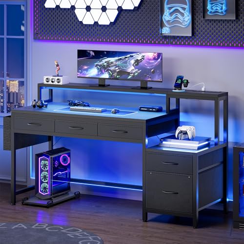 Image of REAHOME 61 Inch Gaming Desk with Charging Station and LED Lights, Reversible Computer Desk with Storage Drawer and Monitor Stand, Modern Desk Table with File Cabinet & Side Pocket, Carbon Fiber Black