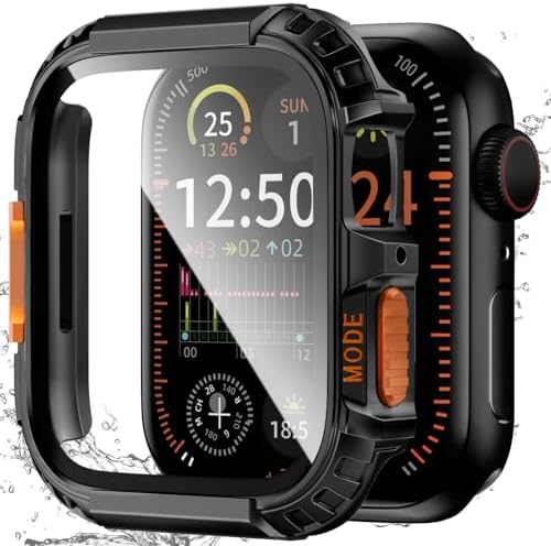 Zumyzu Rugged Waterproof Case for Apple Watch 44mm Series 6 5 4 SE with Tempered Glass Screen Protector, Durable Hard PC Bumper Protective Face Cover for iWatch 44 mm Black