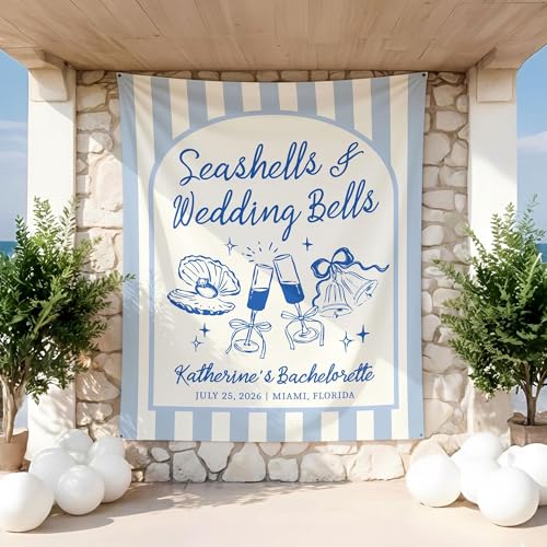 Seashells and Wedding Bells Bachelorette Banner Personalized Beach Bach Party Backdrop Coastal Bridal Shower Tapestry Ocean Bride Weekend Decor Custom Photo Booth Sign