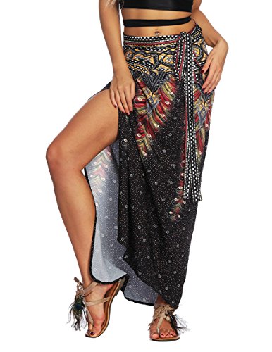 Women's Boho Bohemian Hippie Skirt Long Maxi Print Wrap Skirt Cover up Maxi Asymmetrical Summer Beach Skirt One Size Tie High Waist (004)