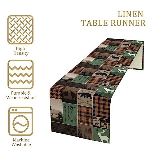 Image of Rustic Country Cabin Hunting Moose Table Runner,Retro Green Patchwork Bear Deer Hunting Wild Animal Plaid Checkered for Kitchen Dining Room 13x120in