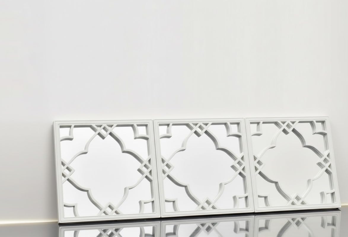 Biznest White Set Of 3 Silver Moroccan Tile Mirrors Moroccan Wall Art Hanging Mirror Square For Hanging And Wall Decor Small Sliver Home Accessories Gifts (White)