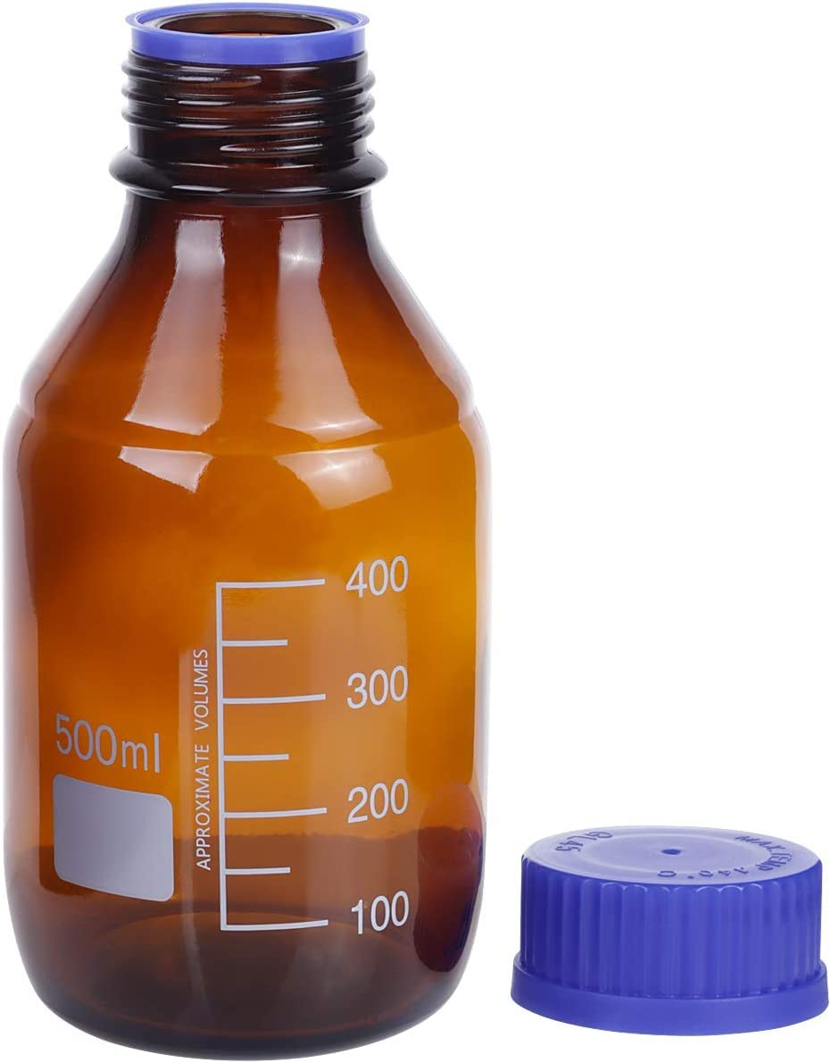 Lab Media Storage - Botellas de color ámbar, envase de vidrio graduado, GL45, tapón de rosca, a prueba de fugas, multiusos, para científicos, paquete de 8 (azul, 500 ml)