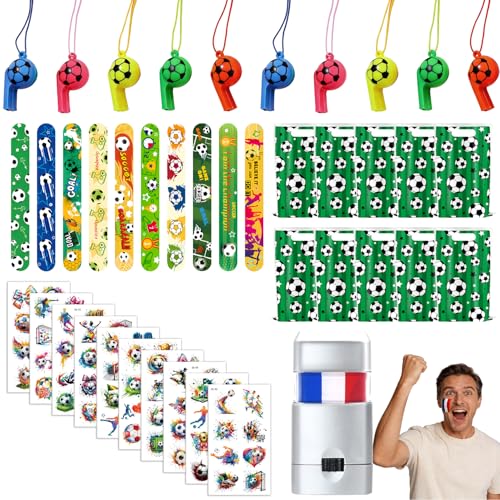 LAHAND 41Pcs Soccer Party Favors Soccer Goodie Bags Stuffers with Tattoos Stickers Patriotic Fan Facial Paint Sport Whistles Slap Bracelets for Soccer Party Supplies