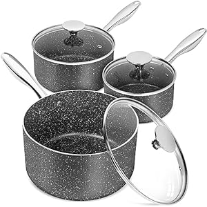 MICHELANGELO Sauce Pan with Lid, Granite Saucepans with Lids, 1Qt & 2Qt & 3Qt Sauce Pan Sets, Nonstick Saucepan Set with Stainless Steel Handle, Oven Safe, Grey