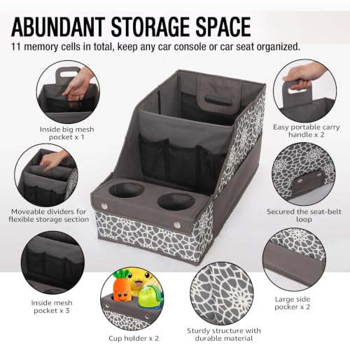 Image of MULISOFT Car Seat Organizer - Backseat with 11 Compartments, 2 Cup Holders, and 2 Oversized Side Pockets for Travel and Storage | Made from durable Oxford fabric with a waterproof surface, anti-slip buckles, and a foldable design for easy storage.