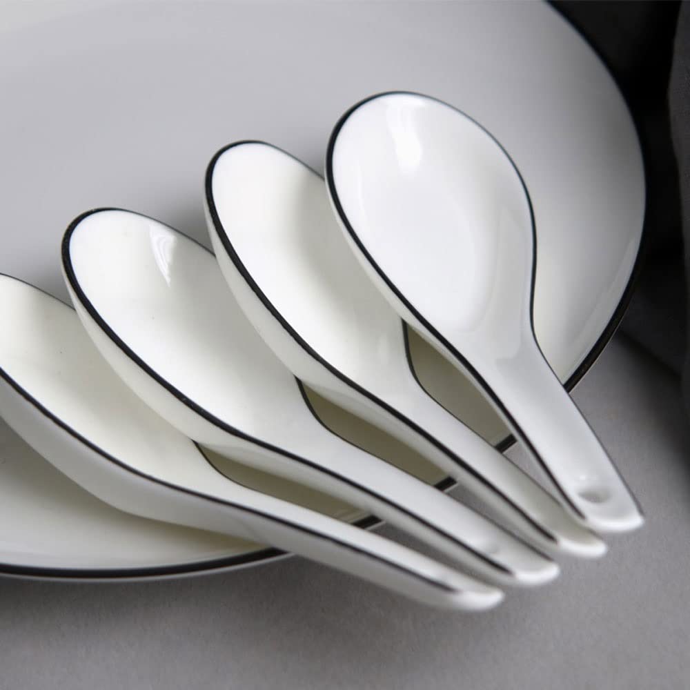 Łyżka stołowa Prosta ceramiczna długie uchwyt łyżka kostki Chiny łyżka Zestaw czarnych linii łyżka Łyżeczki do kawy deserowej (Quantity : 4)