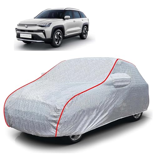 Image of Sulfar 100% Waterproof Car Body Cover Compatible with Mirror for Maruti Suzuki Victoris (Triple Stitched, Full Bottom Elastic, Magic Silver with Red Piping)
