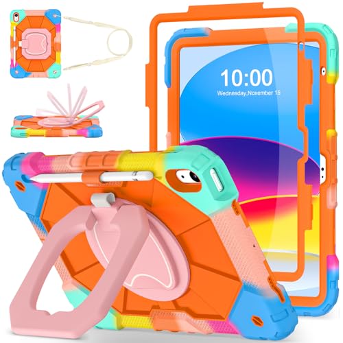 Image of WESOROL Case for iPad (A16) 11th /10th Generation 2025 /2022 with Screen Protector Rotating Stand Pencil Holder iPad Case 10th Generation Shockproof Cover for iPad 10th Gen Cases,Colorful Orange