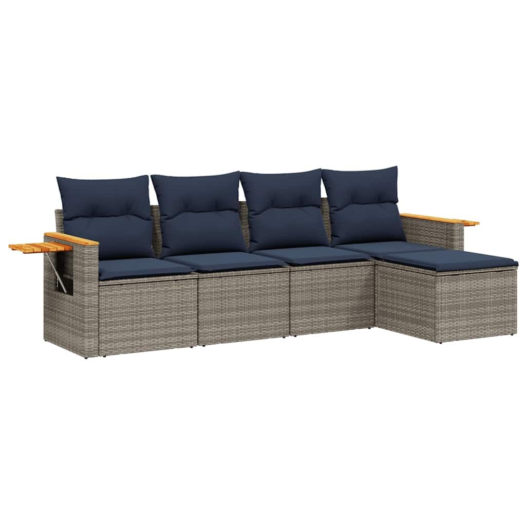 Set Divani da Giardino 5 pz in Polyrattan Grigio con Cuscini | Salotto modulare da esterno per terrazzo o patio con tavolino integrato e cuscini sfoderabili per momenti di relax.