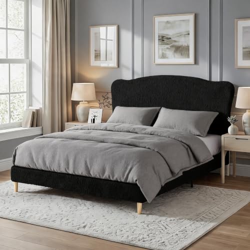 Image of GarveeHome Queen Size Bed Frame with Upholstered Headboard, Soft Low Profile Sturdy Platform Bed with Rounded Corners Design, Heavy Duty, Wooden Slats, Noise Free, No Box Spring Needed, Black