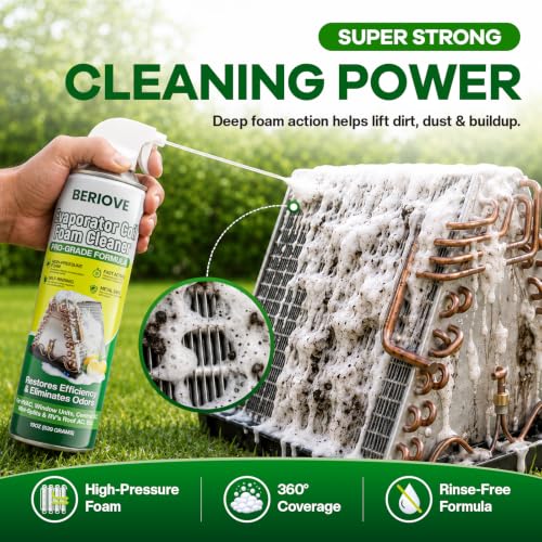 Image of BERlOVE Foaming AC Coil Cleaner: Long - Lasting Foam, Quick Dust Removal, Ideal for Dust & Grease Removal on Evaporator Coils & Condensers, Suited for HVAC Technicians & DIY Use 19oz