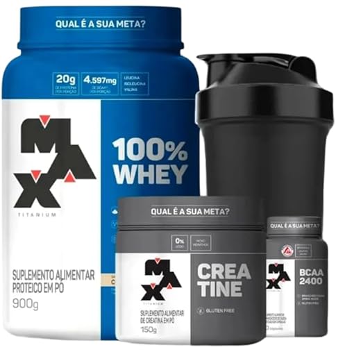 Combo Whey Protein 100% 900g Sabor Cookies and Cream + Creatina 150g + BCAA 60 caps + Coqueteleira - Max Titanium