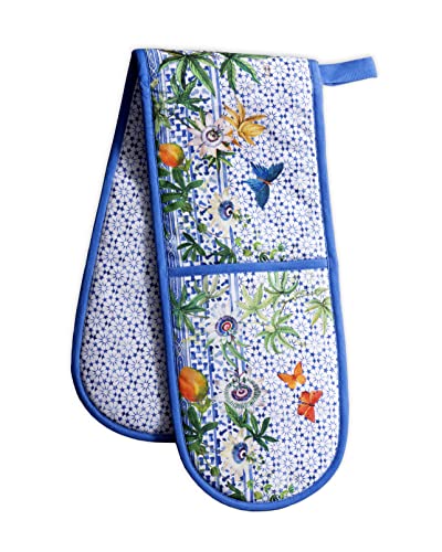 Maison d' Hermine Double Oven Mitts 100% Cotton 18 cm x 89 cm Double Oven Mitt Heat Resistant BBQ Cooking Gloves with Loop Baking Grilling Handling Hot Pans Gifts for Mothers Day (Passiflora)