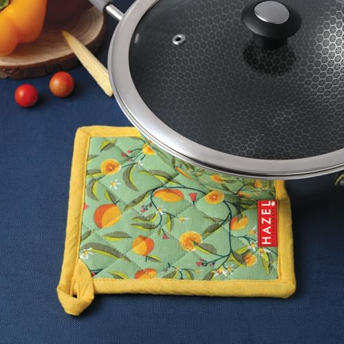 HAZEL Cotton Kitchen Pot Holder | Heat Resistant Quilted Fabric Mat for Hot Pots & Pans | Durable, Washable, and Easy to Hang (Yellow & Green)