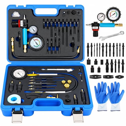 Diesel Compression Tester Kit 47pcs Petrol & Diesel Engine Compression Tester Small Engine Cylinder Leak Down Tester with Compression Gauge Leak Detector Gloves for HDI/TDCi/Pumpe Duse Engine